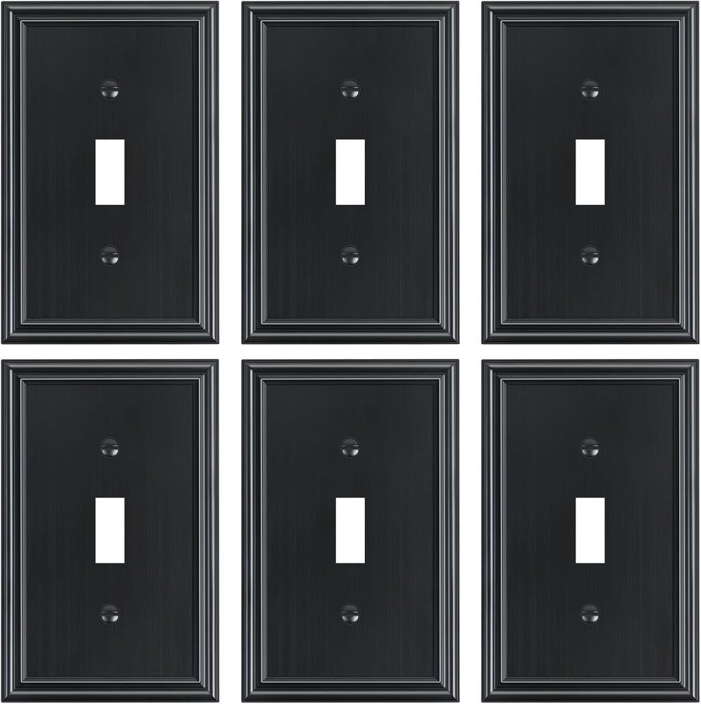 6-Pack Single Toggle Light Switch Cover Plate, Durable Solid Zinc Alloy Decorative Switch Plate Covers, Black 1 Gang Wall Plate, Corrosion Resistant