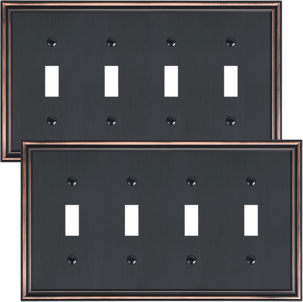 2-Pack Quad Toggle Light Switch Cover Plate, Durable Zinc Alloy Decorative Switch Plate Covers, Aged Bronze 4 Gang Wall Plate for Toggle Light Switch and Rotary Dimmer Switch