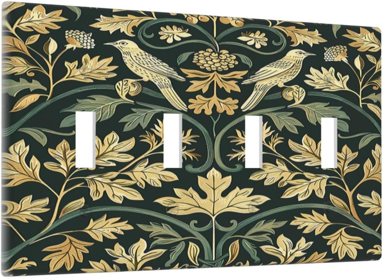 Light Switch Covers William Morris Vintage Botanical Birds Golden Green Leaves Quad Toggle Electrical Faceplate 4 Gang Wall Plate Decorative Switch Plates for Bedroom Home Decor