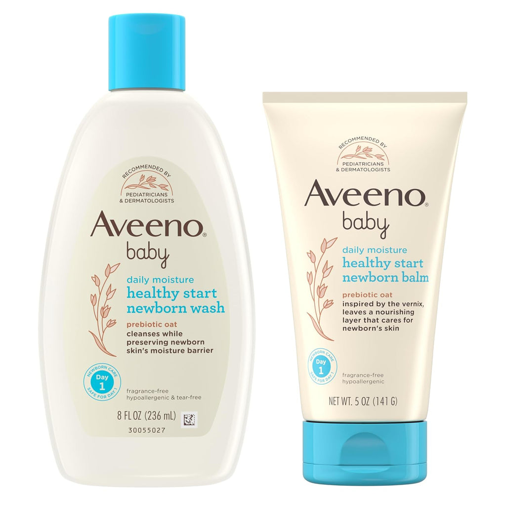 Bundle of Aveeno Baby Healthy Start Newborn Wash, Hypoallergenic Baby Body Wash with Prebiotic Oat, Fragrance-Free, 8 fl. oz + Newborn Balm, Baby Skin Balm with Prebiotic Oat , Fragrance-Free, 5 oz