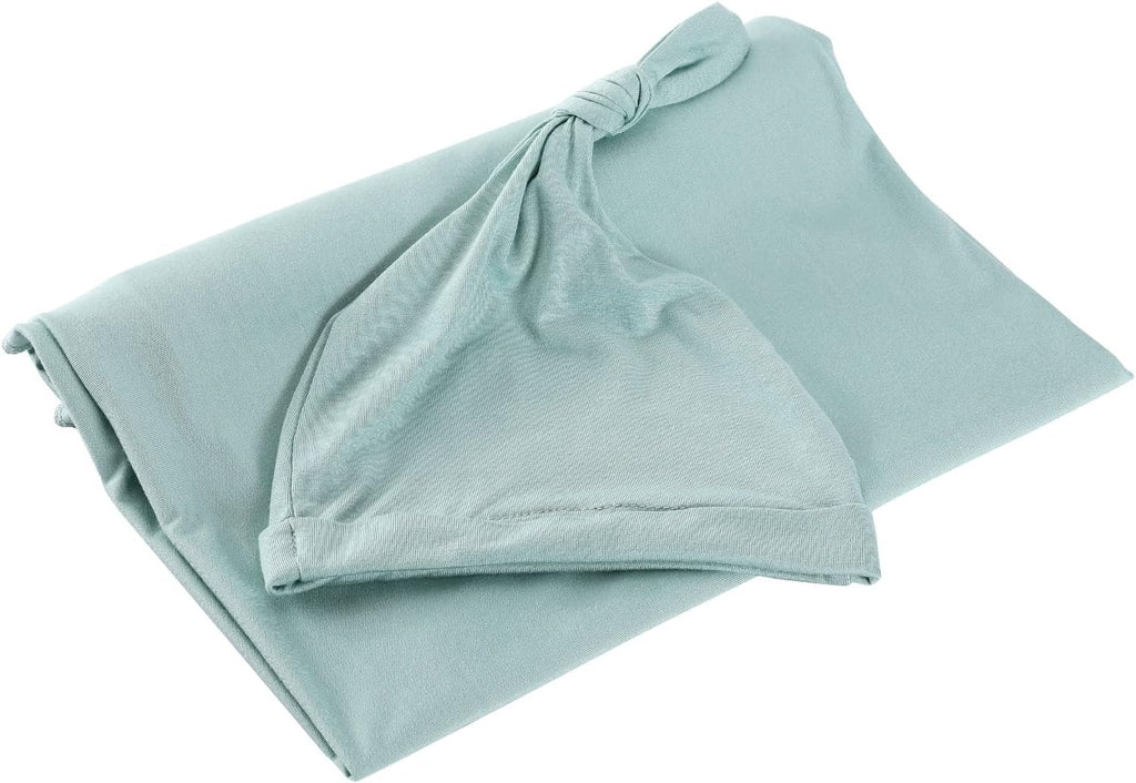 iEvolve Cotton Knitted Baby Swaddle Blanket with Hat Headband Set Newborn Swaddle Wrap Receiving Blankets for Baby Girl Boy 45" x 45"(LightGreen)