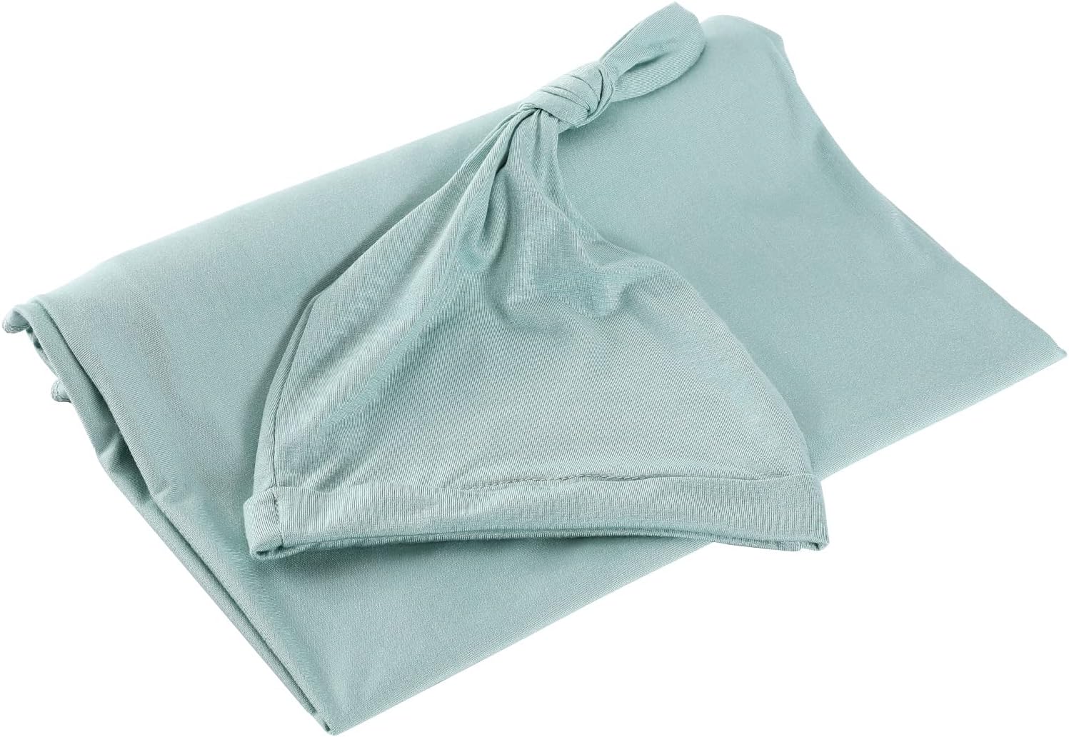 iEvolve Cotton Knitted Baby Swaddle Blanket with Hat Headband Set Newborn Swaddle Wrap Receiving Blankets for Baby Girl Boy 45" x 45"(LightGreen)