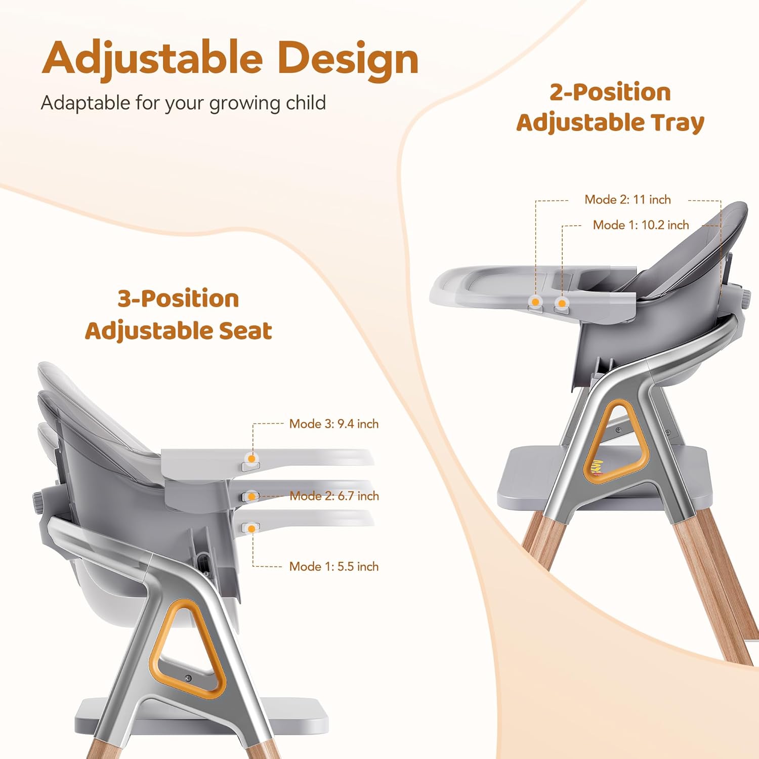 CoziBB Baby High Chair, 6 in 1 Convertible Growing Baby Highchairs for Babies and Toddlers, Baby Chair with Adjustable Dining Tray and Seat, 5-Point Safety Belt, Grey