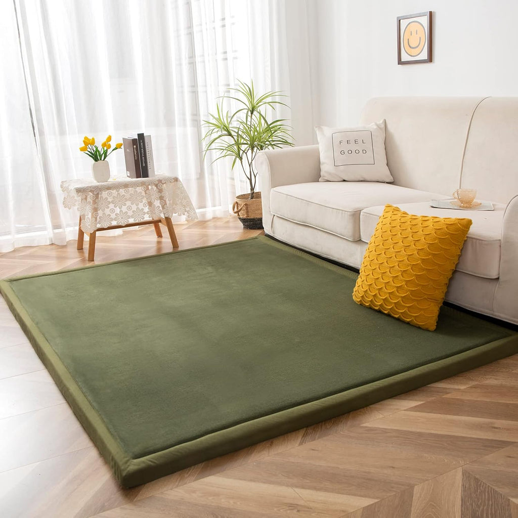 MAXYOYO Coral Velvet Area Rug, Thick Japanese Tatami Mat Living Room Carpet with Non-Slip Backing, Large Solid Color Mat for Bedroom Dormitory Yoga, Olive Green, 78 by 78 inch