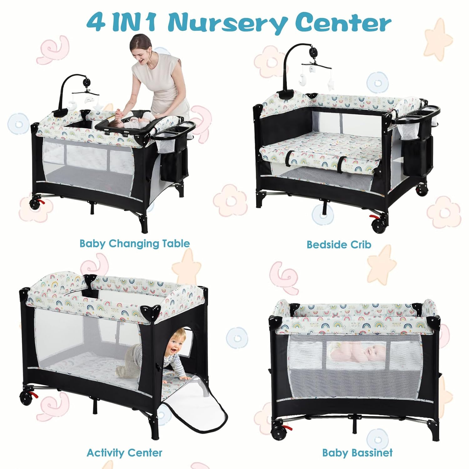 Kinder King 4 in 1 Portable Nursery Center, Foldable Baby Bedside Crib w/Bassinet, Infant Pack n Play Playard Toddler Large Playpen, Newborn Changing Table, Storage Basket, Side Zipper,Multicolour
