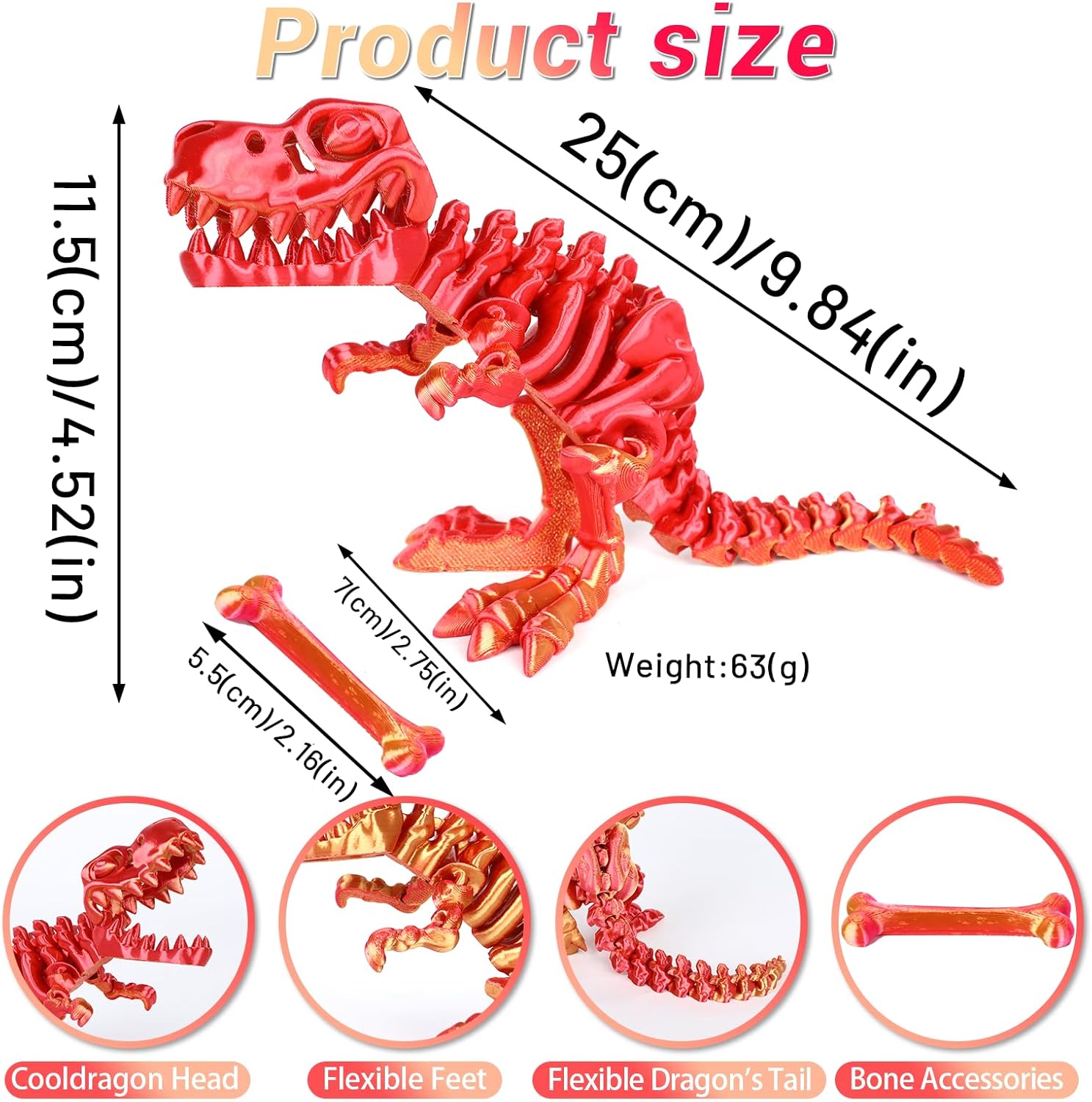 3D Printed Dinosaur Bones Tyrannosaurus Rex Skeleton with Movable Joints, 3D Model Skull T-Rex, Flexible Articulated Dinosaur Fidget Toys Adults for Autism/ADHD