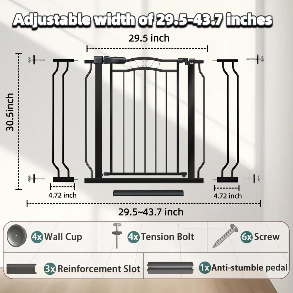 29.53"-43.30" Mornyray Auto-Close Baby Gate Extra Wide, Pressure Mounted Dog & Pet Gate for Stairs Doorways, No Drill Safety Barrier with Lace Design, Metal Child Proof Gate Indoor Outdoor, Black