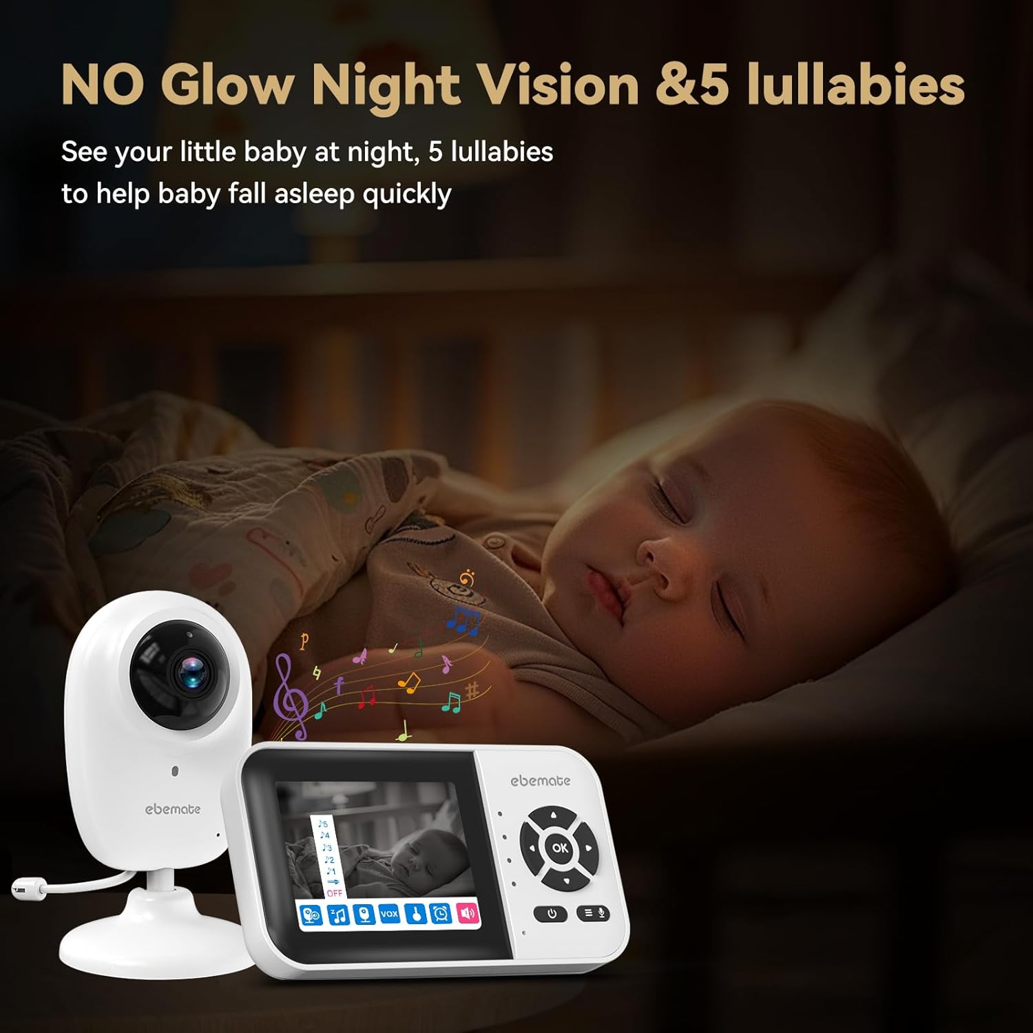 ebemate WiFi Video Baby Monitor,2.8" Display with 1080P Camera,No Glow Night Vision,2-Way Talk & 1500Ft Long Range,WiFi On/Off Cam Baby Monitoring EBS28