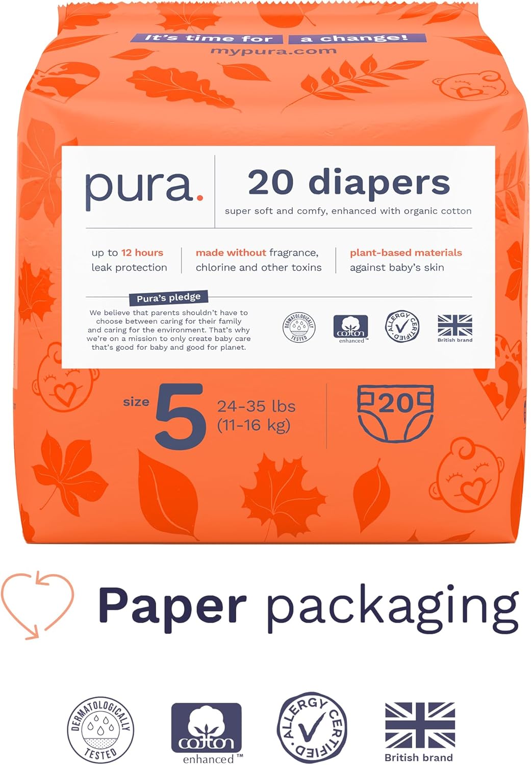 Pura Size 5 Eco-Friendly Diapers (24-35lbs) Totally Chlorine Free (TCF) Hypoallergenic, Soft Organic Cotton, Sustainable Comfort, 12 Hours Leak Protection, Allergy UK,1 Pack of 20 Diapers