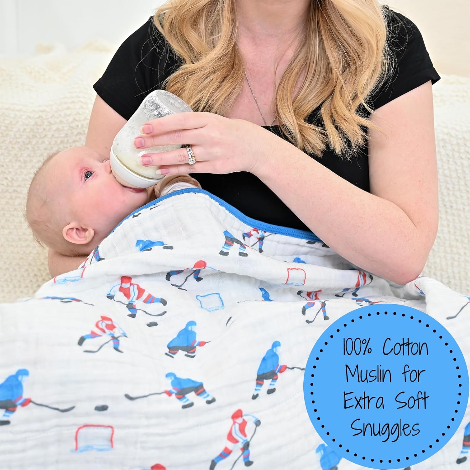 LollyBanks Muslin Blanket 100% Organic Cotton, Muslin Quilt Lightweight, 6 Layers Baby Blankets 47"x 47", Muslin Blanket for Boys, Nursery Receiving Blankets (Ice Hockey Print)
