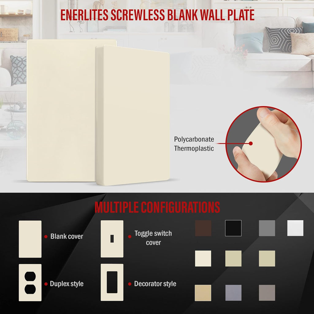 ENERLITES Screwless Blank Wall Plate, Child Safe Blank Device Outlet Cover, Standard Size, 1-Gang 4.68" x 2.93", Polycarbonate Thermoplastic, UL Listed, SI8801-LA, Glossy, Light Almond