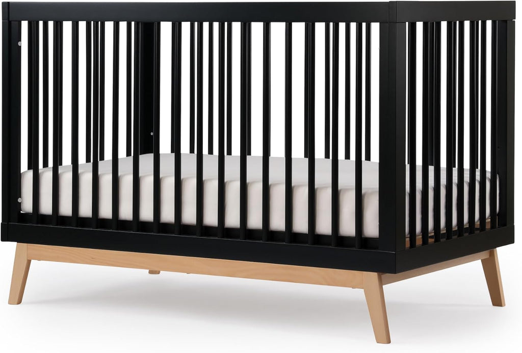 dadada Baby Soho 3-in-1 Convertible Wooden Crib to Toddler Bed - Made in Italy, GREENGUARD Gold Certified, Baby-Safe Finish, Sustainable Beech Wood, Modern Design, 3 Adjustable Heights (Black/Natural)