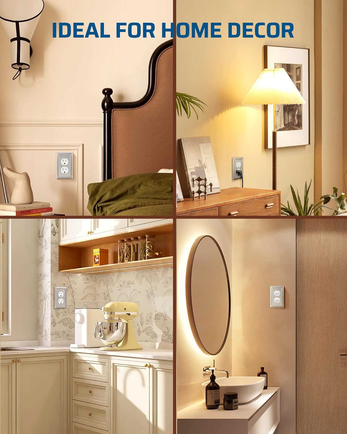 DEWENWILS 4-Pack Duplex Wall Plate, Metal Wall Outlet Cover for Receptacle, Light Switch, Brushed Nickel