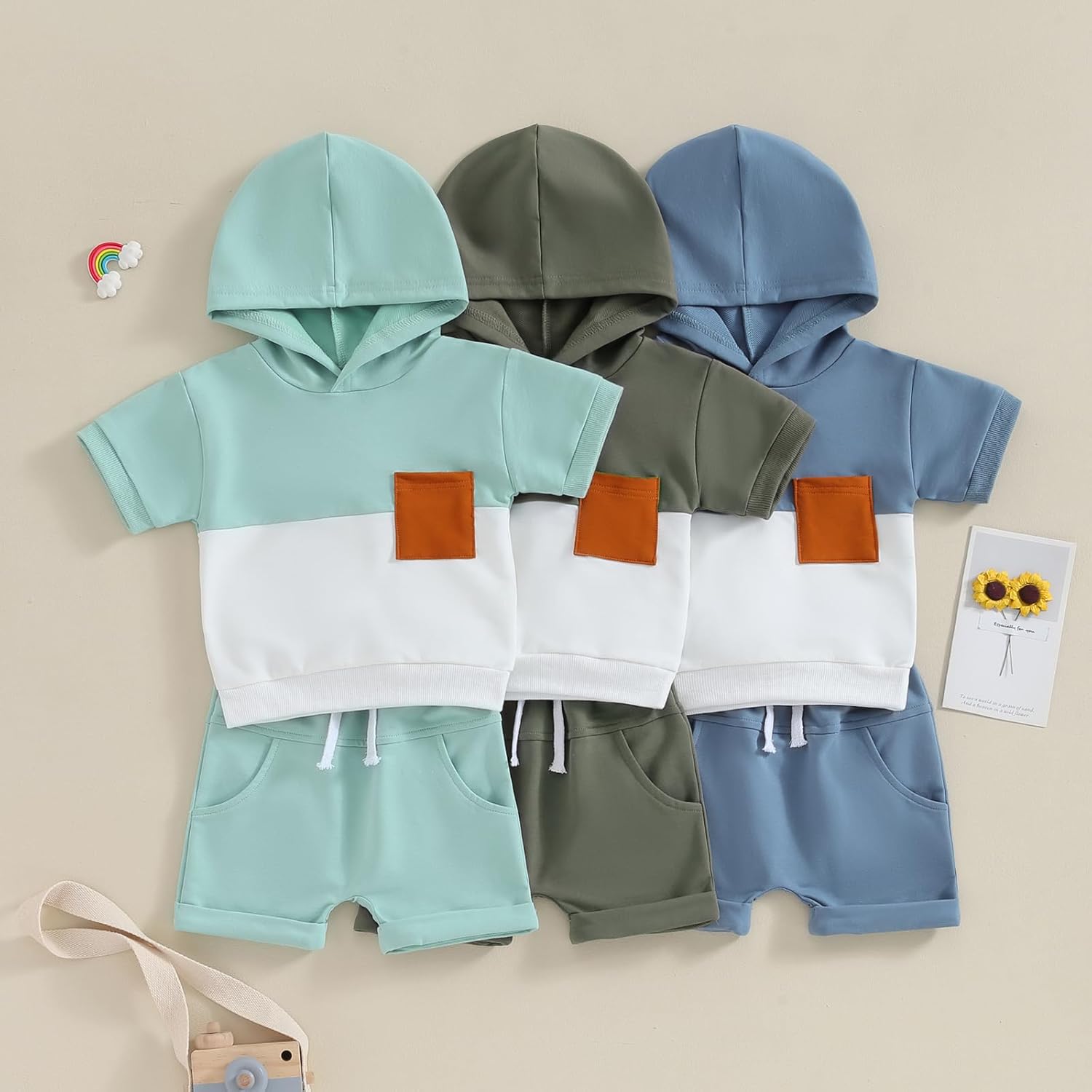 Toddler Baby Boy Summer Hooded Outfit Contrast Color Short Sleeve T Shirt Top Elastic Shorts Summer Clothes Set