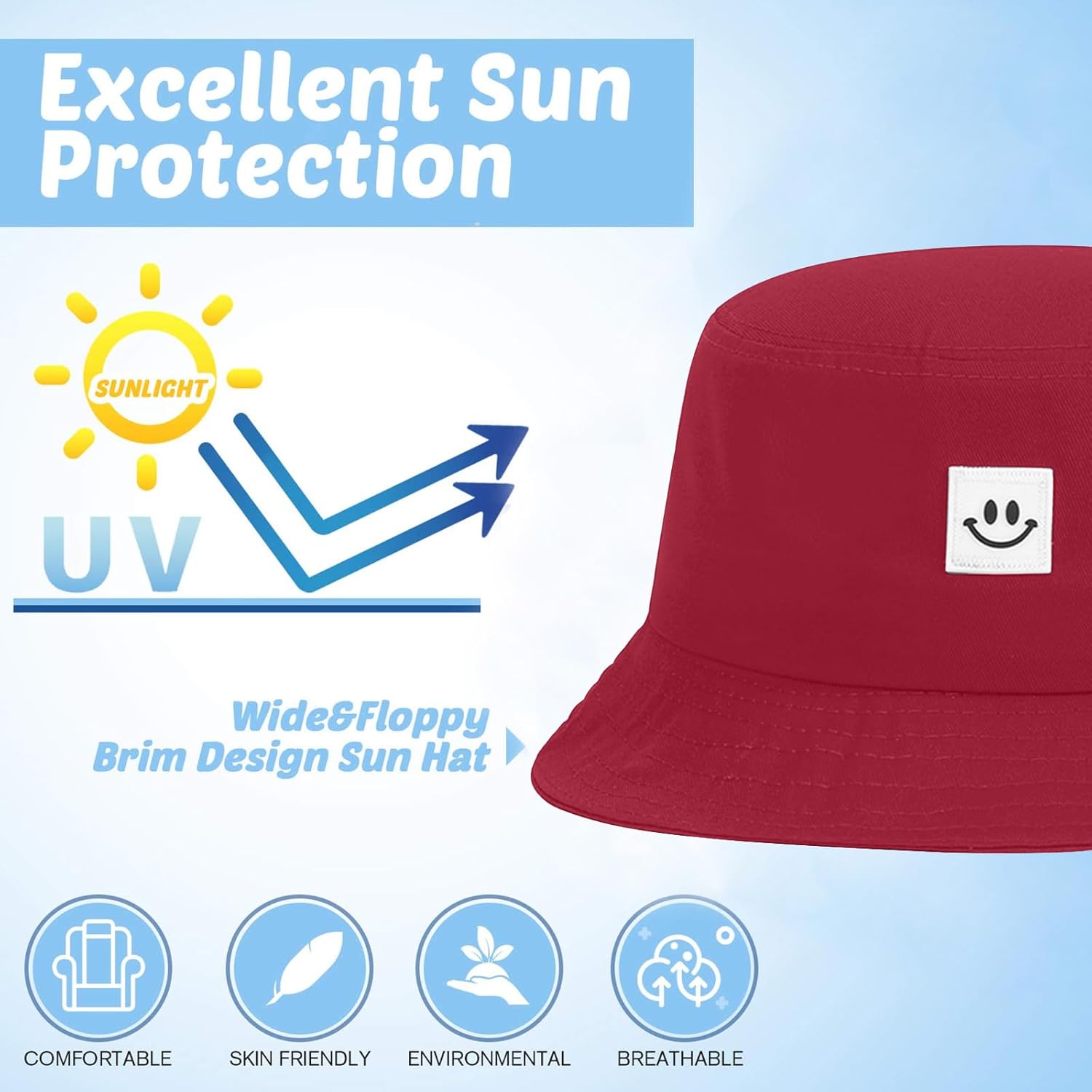 Kids Sun Hat Smile Face Bucket Hat for Girls Boys Summer Sun Protection Cotton Unisex Beach Cap