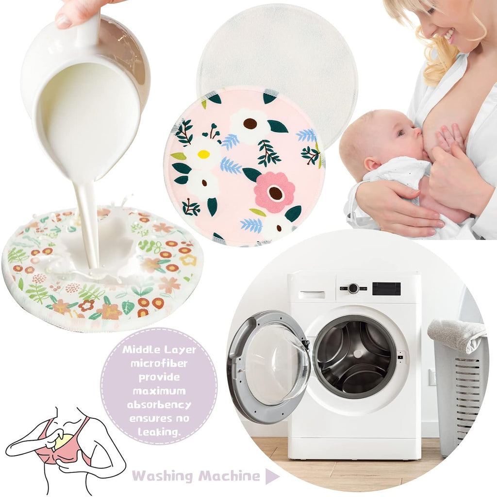 Sosation 30 Pcs Reusable Breast Pads Bamboo Nursing Pads with Wet and Laundry Bag Floral Nipple Favor Breastfeeding Mom Gift(Fresh Pattern)