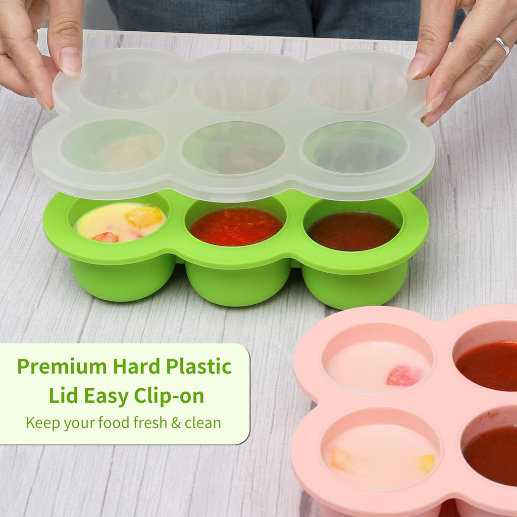 Baby Silicone Freezer Tray with Clip on Lid, 6 x 3 OZ Baby Silicone Freezer Molds, Silicone Storage Container for Homemade Baby Food, Fruit Purees & Vegetables (Bright Green)