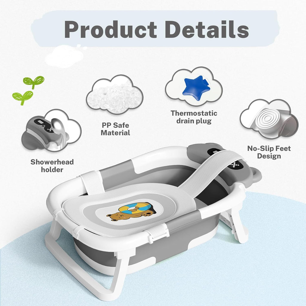 AVIDOR Baby Bathtub,Collapsible Bathtub for Newborn to Toddler,Durable Essential Infant Bath Tub,Portable Travel Baby Tub with Soft Cushion,No-Slip Hanging and Detachable(Grey)