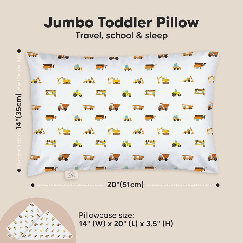 KeaBabies Toddler Pillow with Pillowcase, Jumbo 14X20 - Soft Organic Cotton Toddler Pillows for Sleeping - Machine Washable - Perfect for Travel, Toddler Bed Set (Construction)