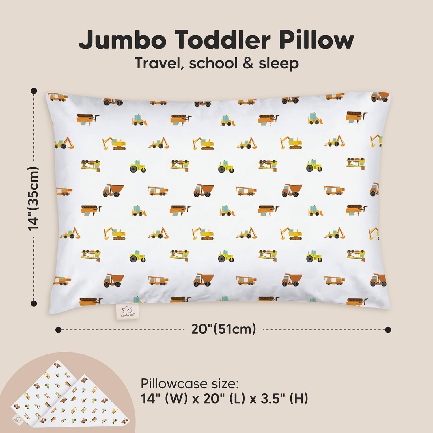 KeaBabies Toddler Pillow with Pillowcase, Jumbo 14X20 - Soft Organic Cotton Toddler Pillows for Sleeping - Machine Washable - Perfect for Travel, Toddler Bed Set (Construction)
