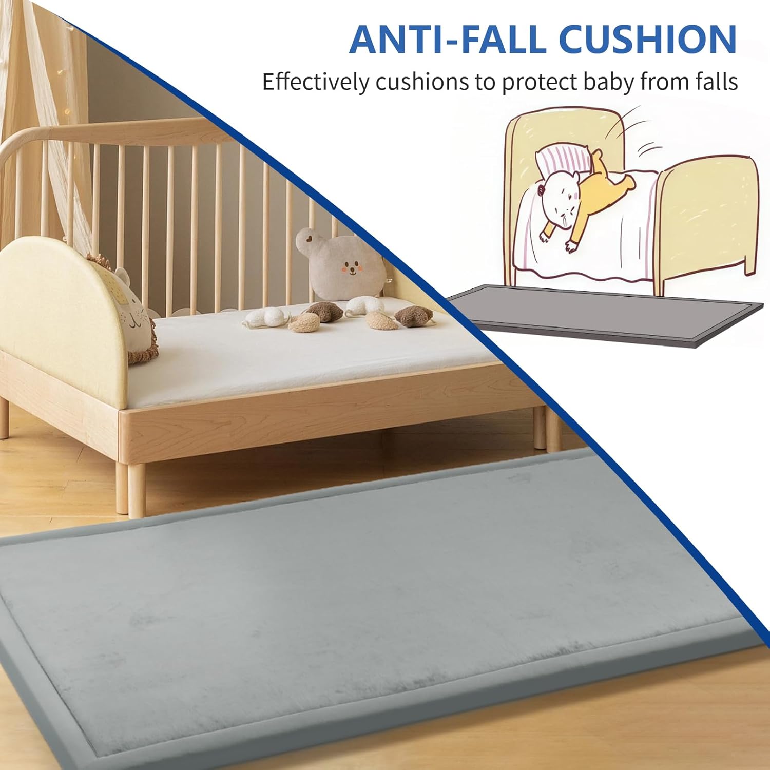 Play Mat for Babies Toddlers,1.3" Thick Elasti-Foam Anti-Fall Cushion Mat for kids Room,28×72 Bedroom Bedside Rugs,Water-Repellent Soft Coral Velvet,Non-Slip(Light Grey)