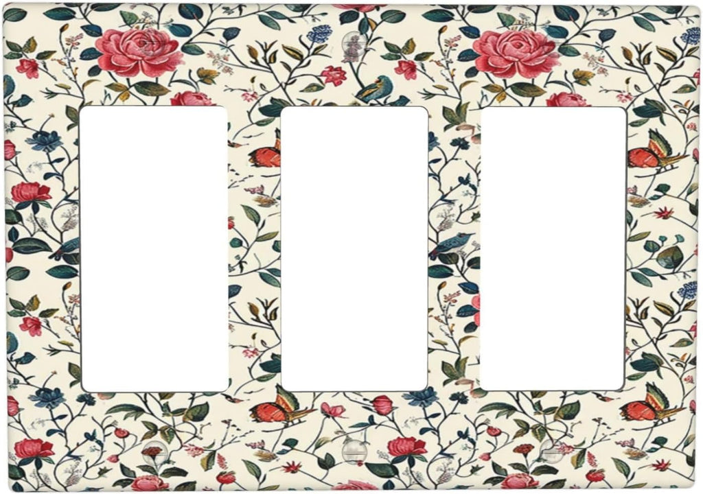 Light Switch Covers Vintage Flowers Rose Leaf Bird Butterfly 3 Gang Rocker Electrical GFCI Decorative Triple Outlet Wall Plate Cover Switchplate for Bedroom living Room Decor