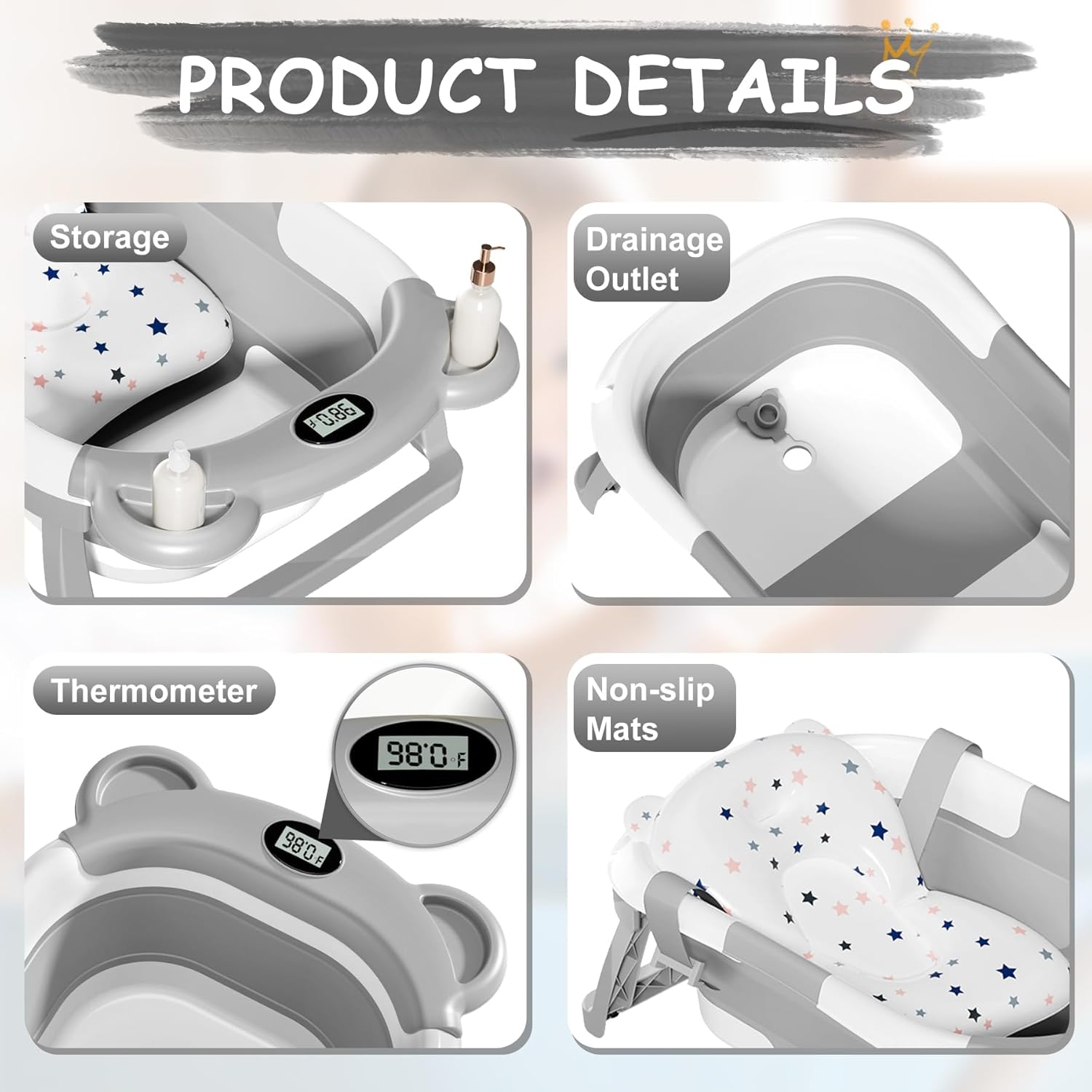 TPN Collapsible Baby Bathtub, Baby Bath Tub with Soft Cushion & Real-Time Thermometer, Baby Bathtub Infant to Toddler Tub (0-36 Months), Portable Newborn Travel Bath tub