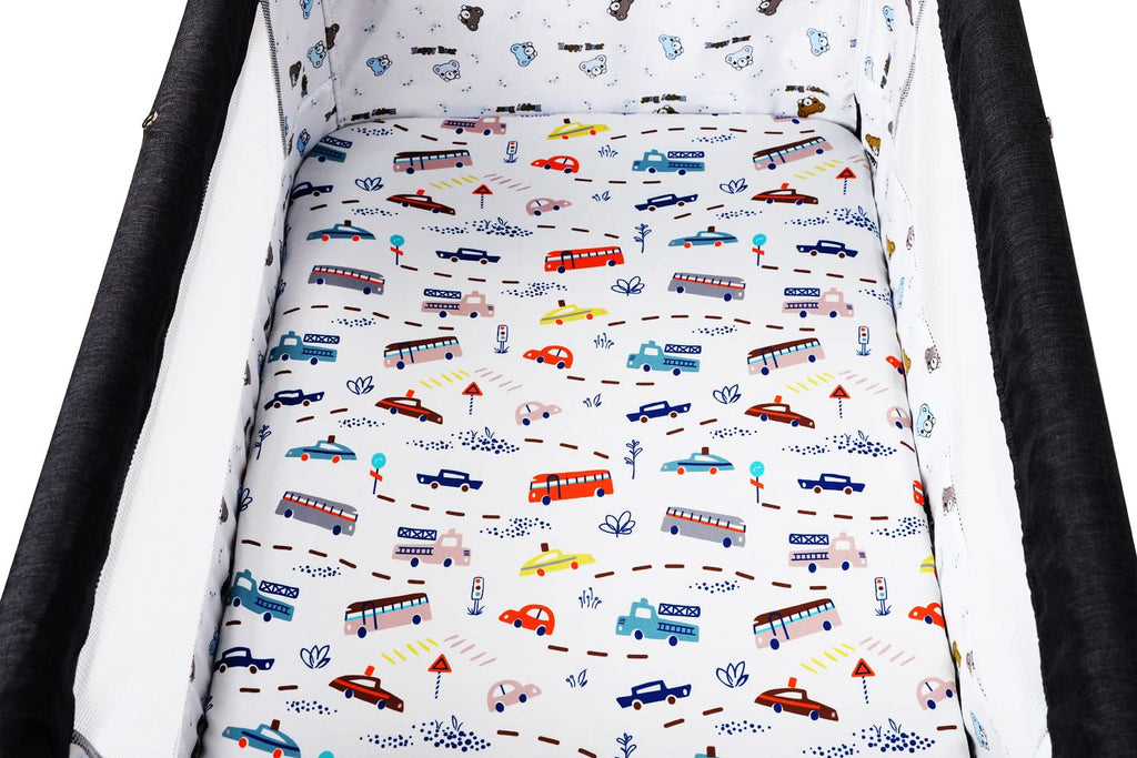 Pack n Play Sheet Stretchy Fitted Portable Mini Crib Sheets Set 3 Pack,Playard Sheets Convertible Playard Mattress Cover,Ultra Soft Jersey Material,Rocket Satellite,Car & Bus