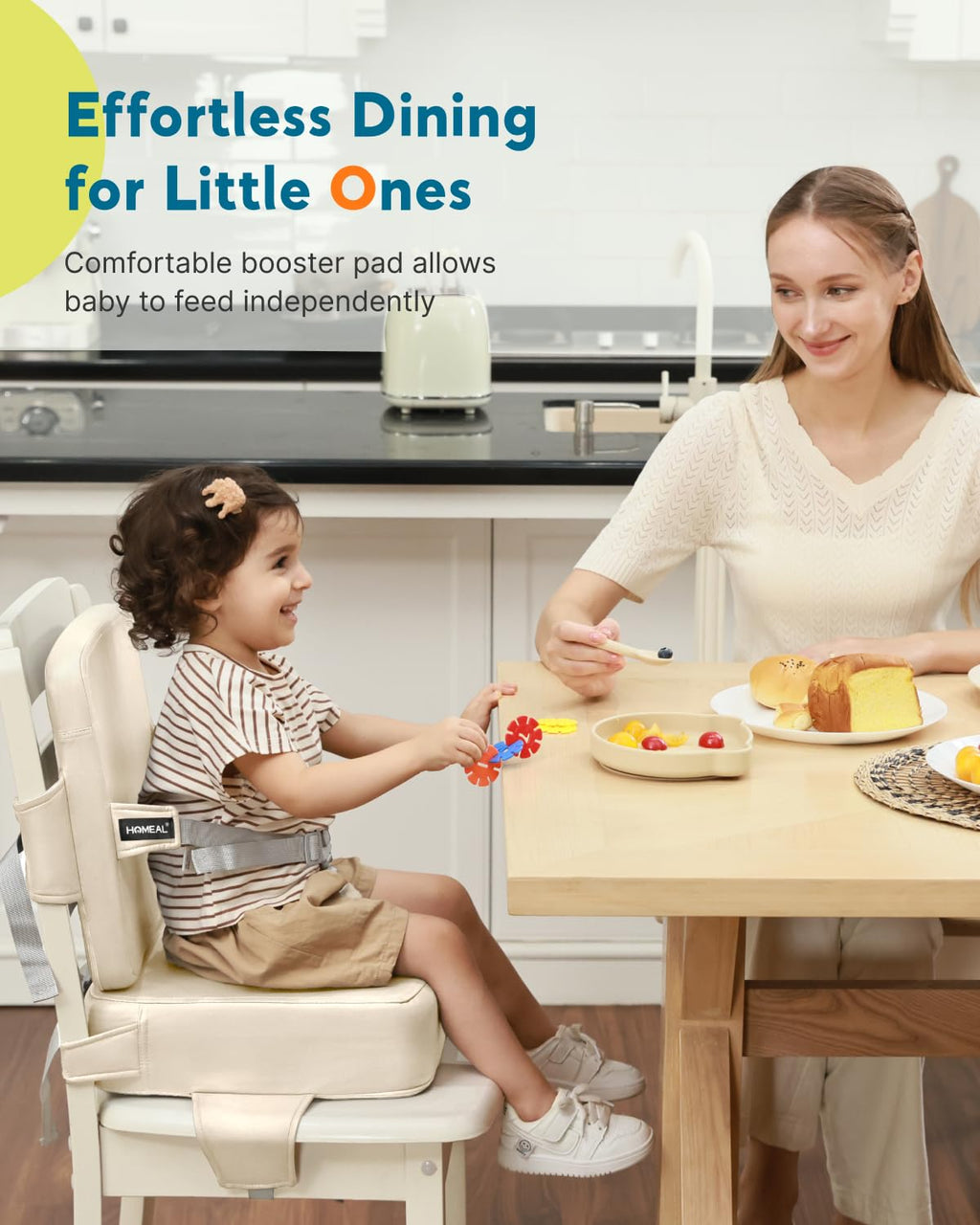 HOMEAL Toddler Booster Seat for Dining Table - Toddler Dining Cushion with Wipeable Surface -Booster Seat for Kitchen Chair with Easy-Install Straps - Breathable Fabric - Beige