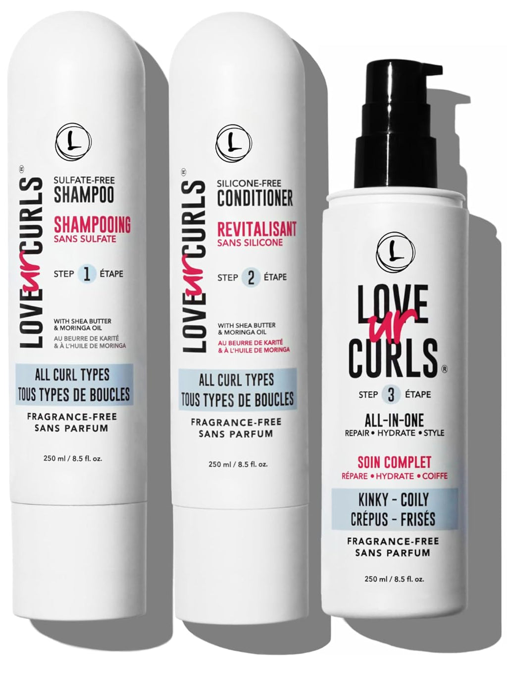 Love Ur Curls Fragrance Free Shampoo & Conditioner Set with All in One Curl Cream Styler for Kinky & Coily Hair, 3 Step System to Repair, 200 mL
