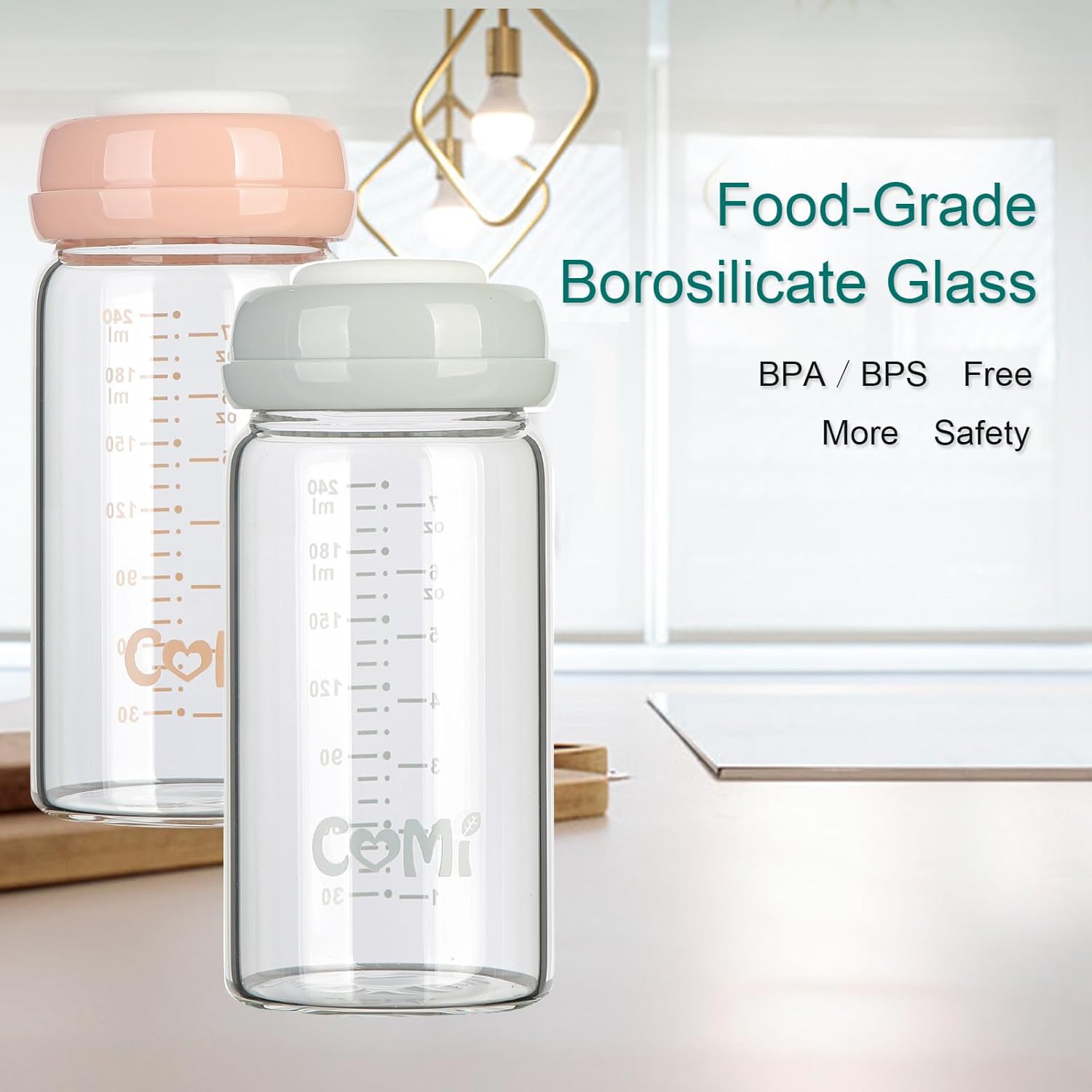 COMI Wide Neck Glass Breastmilk Collection n Storage Bottle, 8oz with Screw Ring Sealing Disk; Re-markable Sealing Disc. BPA Free, Fits Breast Pumps & Nipples (2 Gray Lids)