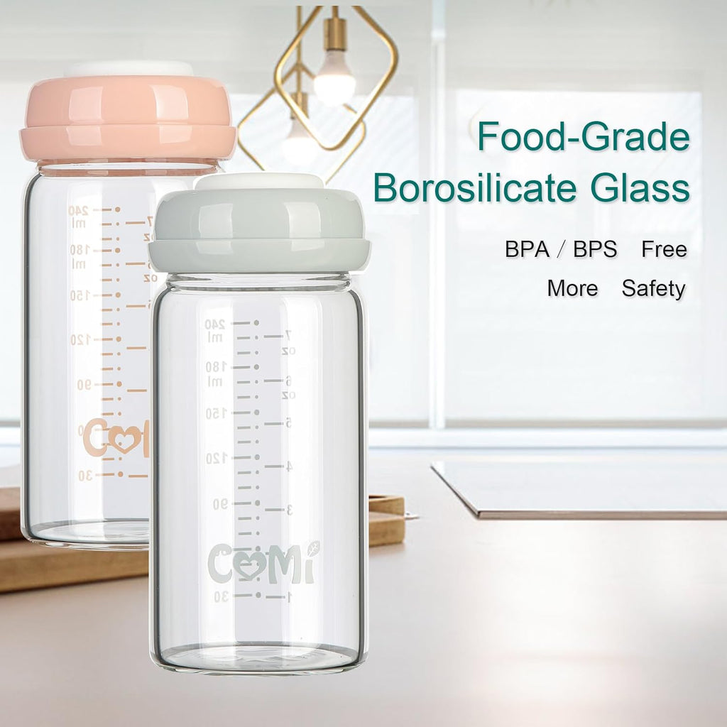 COMI Wide Neck Glass Breastmilk Collection n Storage Bottle, 8oz with Screw Ring Sealing Disk; Re-markable Sealing Disc. BPA Free, Fits Breast Pumps & Nipples (2 Pink Lids)