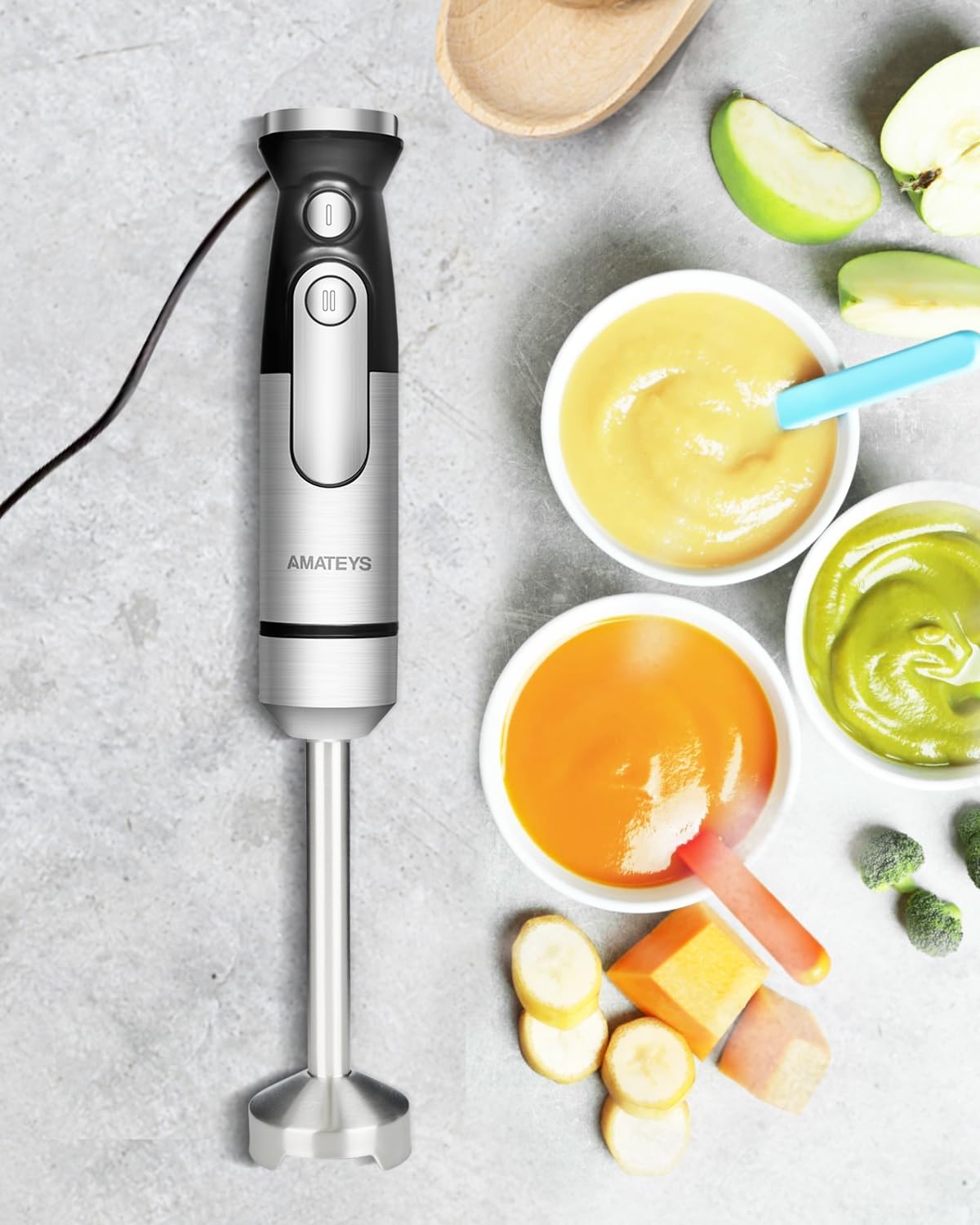 Handblender with Plug,Immersion Blender Handheld, Heavy-Duty Copper Motor, Detachable Stainless Blade Dishwasher Safe, 2 Modes with Pulse,Infinitely Variable Speed, Space-Saving Design