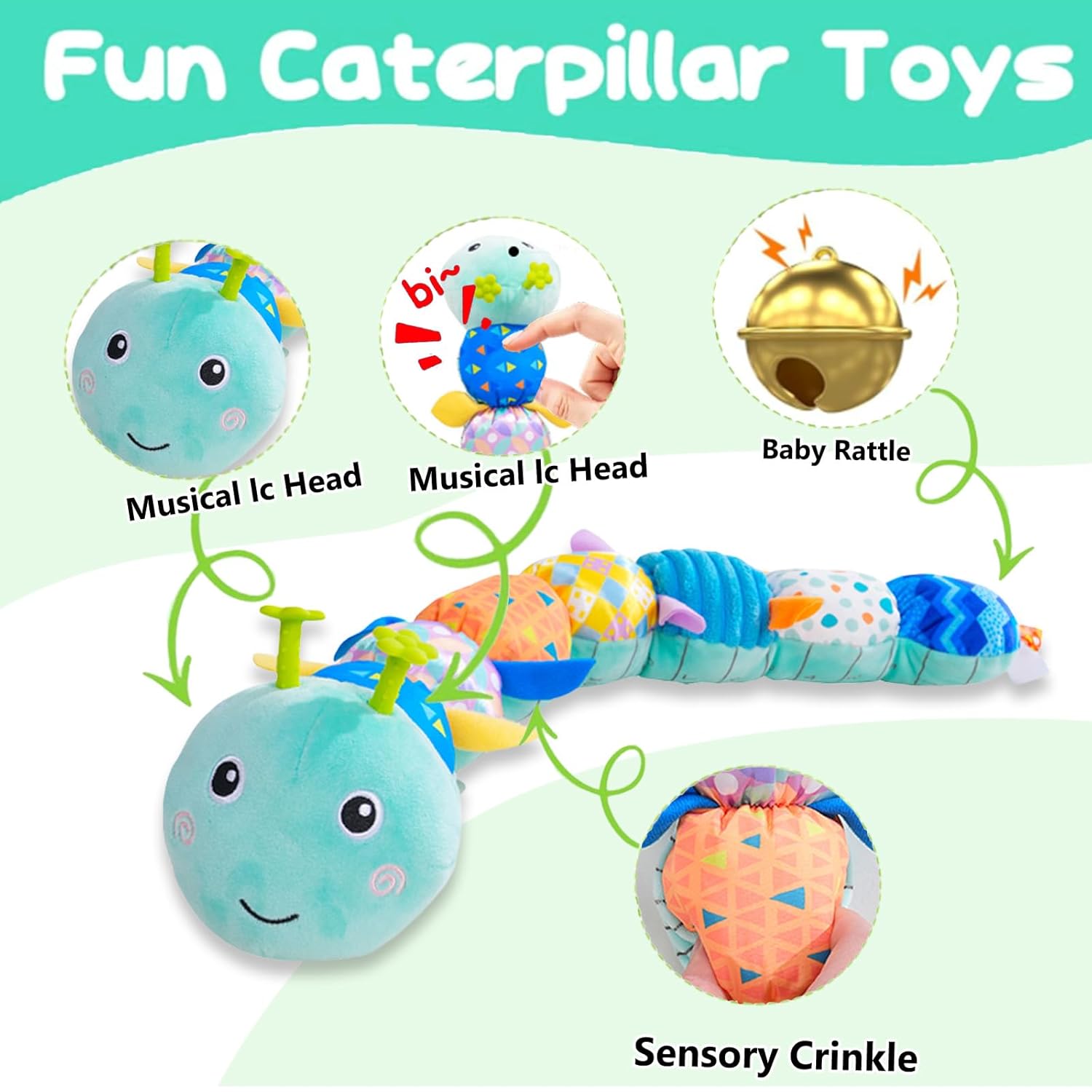 Baby Sensory Toys 0-12 Months, Plush Toys with Music and Rattle, Suitable for Newborn Baby Tummy time, can be Used as a Newborn Birthday, Holiday, Baptism Gift (Blue Caterpillar)