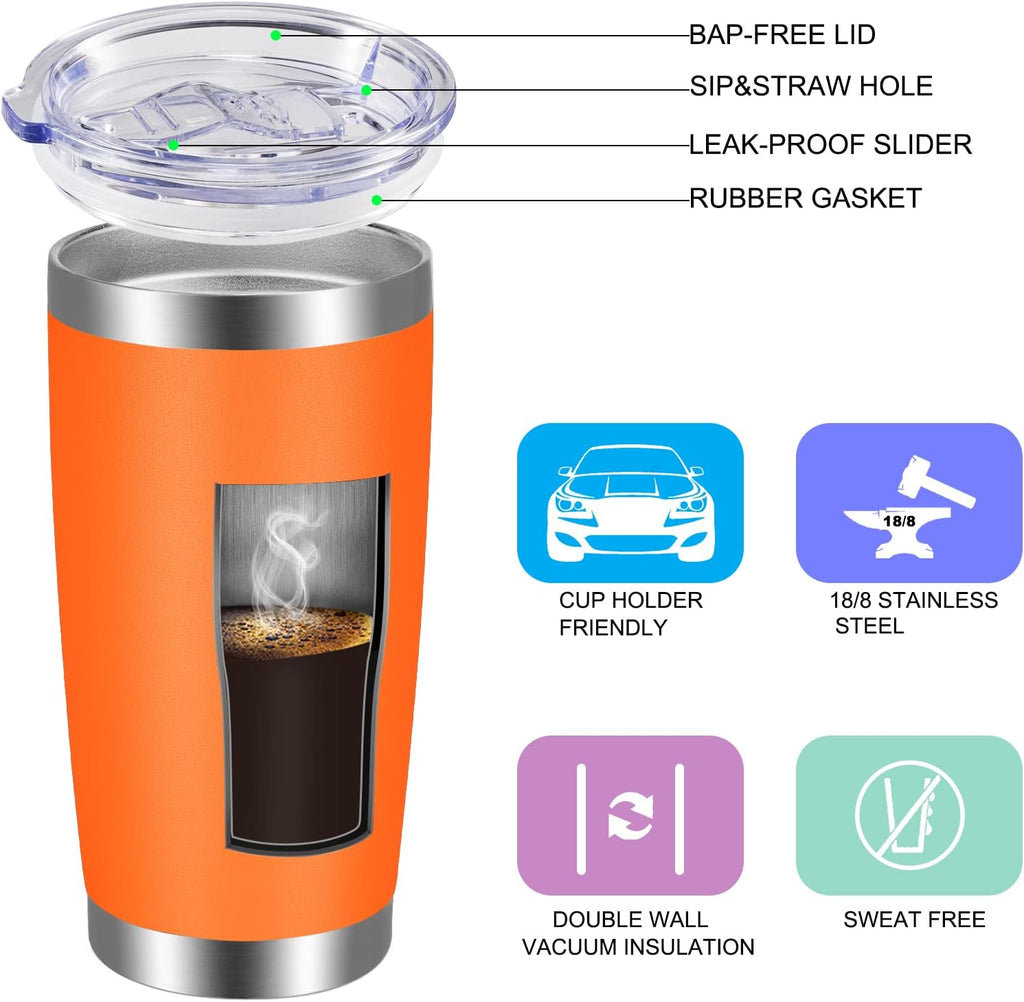 VEGOND 20oz Tumbler with Lid and Straw Stainless Steel Tumbler Cup Bulk Vacuum Insulated Double Wall Travel Coffee Mug Powder Coated Coffee Cup(Orange 12 Pack)