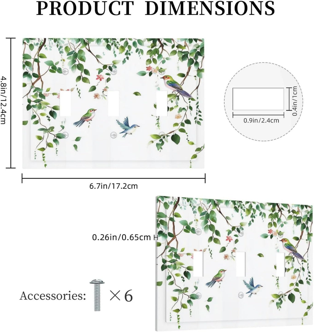 Decorative Switch Plates Green Leaves Bird Eucalyptus Sage Plant 3 Gang Wall Plate Triple Toggle Light Switch Cover Faceplate Electrical Wall Panels For Bed Room Living Room Decor