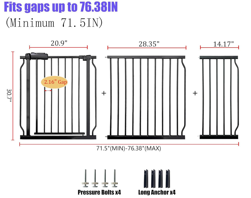 Baby Gates Extra Wide 71.5-76.4 Inch Large Baby Gates for Stairs Tension Pet Dog Gates Indoor for Doorways No Drilling Pressure Mounted Pet Gates for Kids