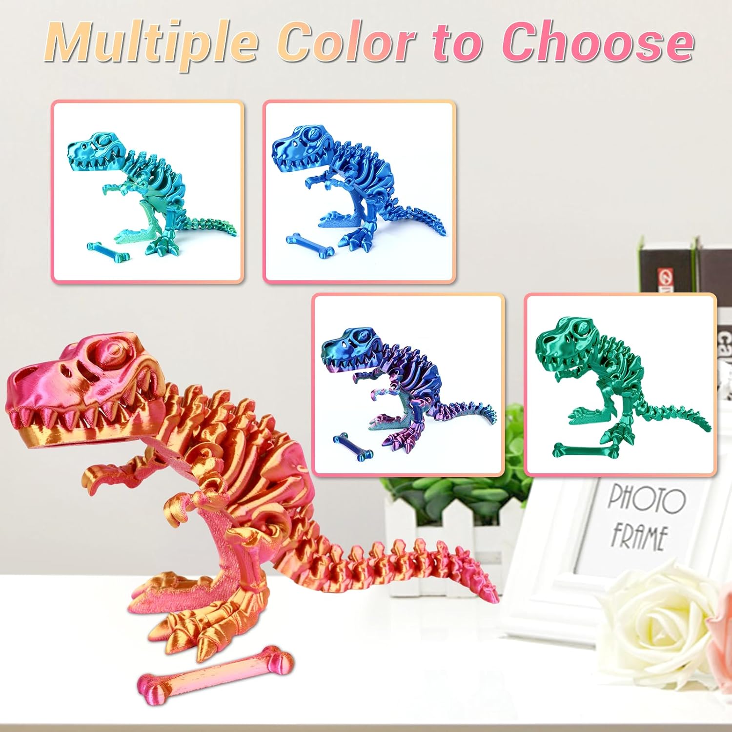 3D Printed Dinosaur Bones Tyrannosaurus Rex Skeleton with Movable Joints, 3D Model Skull T-Rex, Flexible Articulated Dinosaur Fidget Toys Adults for Autism/ADHD