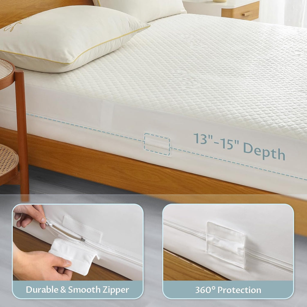 Full Size Mattress Protector with Zipper - 100% Waterproof Zippered Mattress Cover - Soft & Cooling Noiseless Bed Mattress Covers - Top Removable Mattress Encasement 13-15" Deep