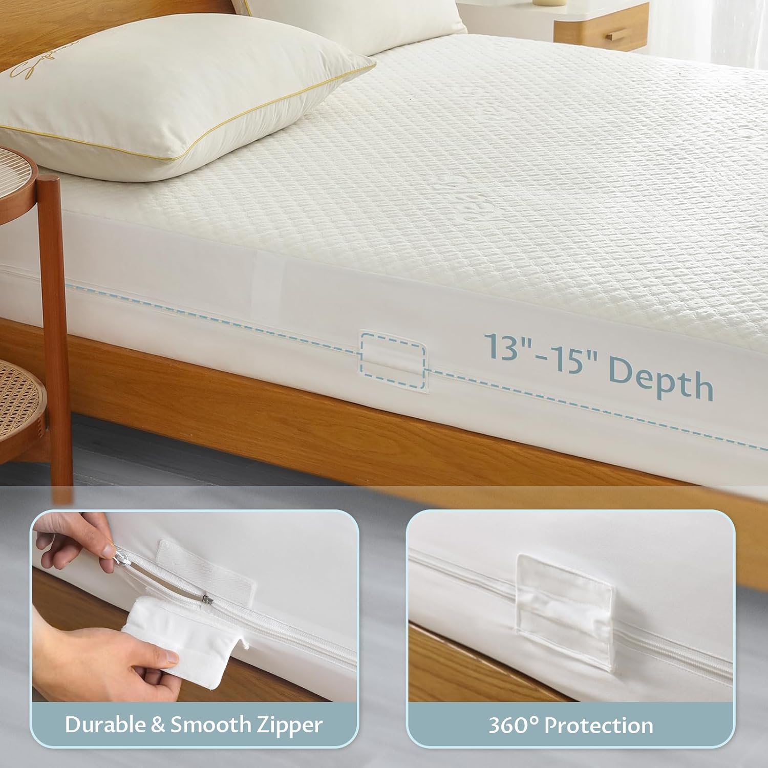 King Size Mattress Protector with Zipper - 100% Waterproof Zippered Mattress Cover - Soft & Cooling Noiseless Bed Mattress Covers - Top Removable Mattress Encasement 13-15" Deep