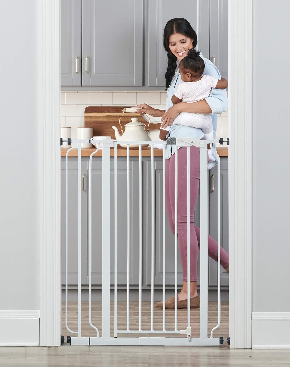 Regalo Easy Step 36" Extra Tall Walk Thru Baby Gate, Includes 4-Inch Extension Kit, 4 Pack of Pressure Mount Kit and 4 Pack Wall Cups and Mounting Kit, White