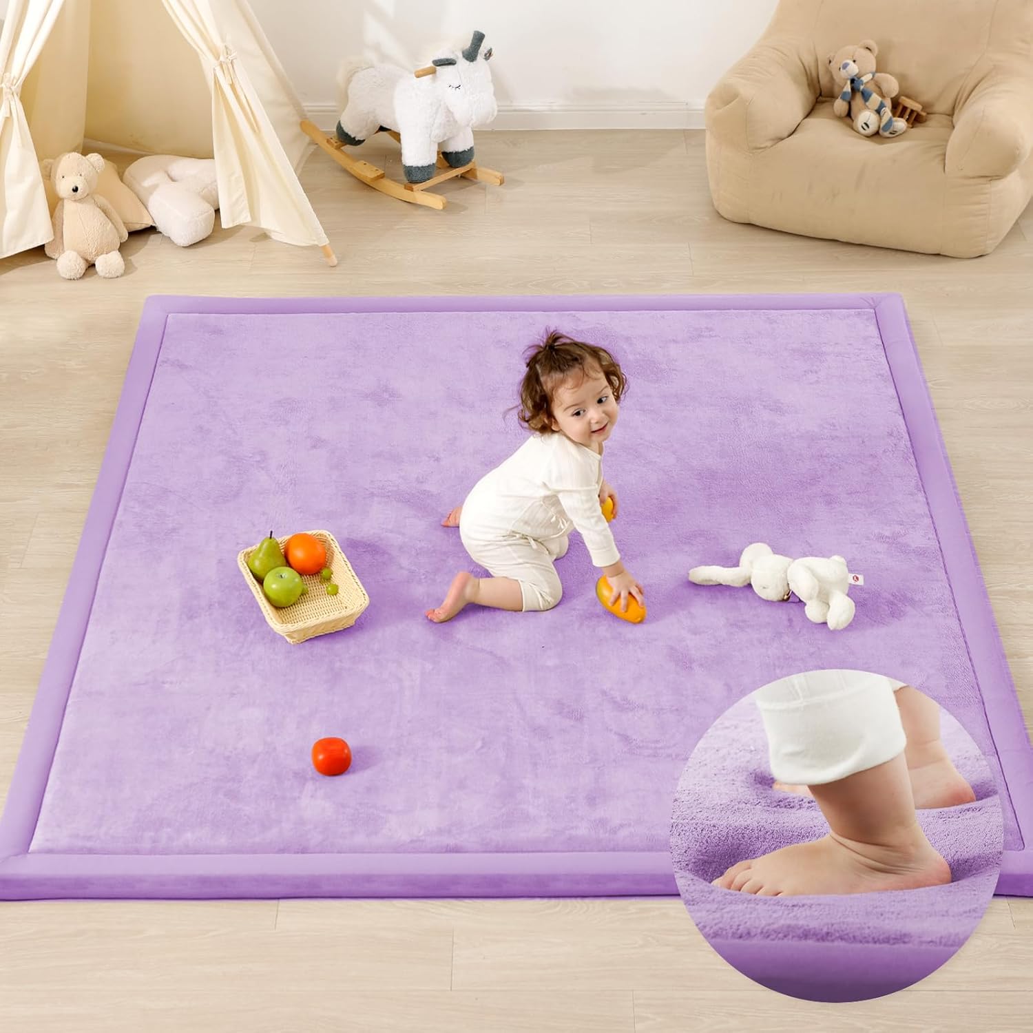 Ultra Soft Baby Play Mat,1.3" Thick Elasti-Foam Tummy Time Mat for Infants,Toddlers,Kids,Water-Repellent Coral Fleece Nursery Rug,Non-Slip Safe for Crawling&Hardwood Floors(Lavender)