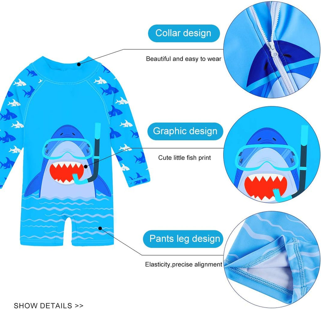 uideazone Baby Boys One Piece Swimsuit Long Sleeve UPF 50+ Rash Guard Bathing Suit Swimwear with Sun Hat 0-24 Months