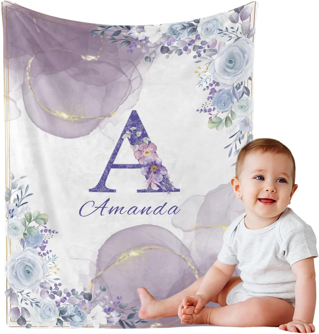 Personalized Baby Blanket with Name, Custom Floral Name Blanket Toddler Girls Soft Flannne Swaddling Blankets Customized Monogram Memorial Gift for Infant Newborn Shower