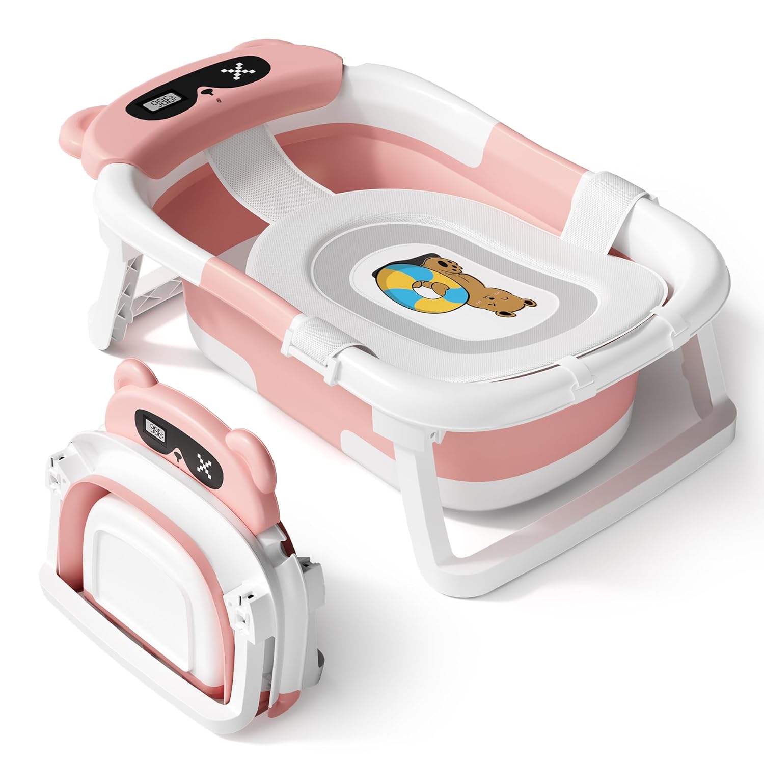 AVIDOR Baby Bathtub,Collapsible Bathtub for Newborn to Toddler,Durable Essential Infant Bath Tub,Portable Travel Baby Tub with Soft Cushion,No-Slip Hanging and Detachable(Pink)