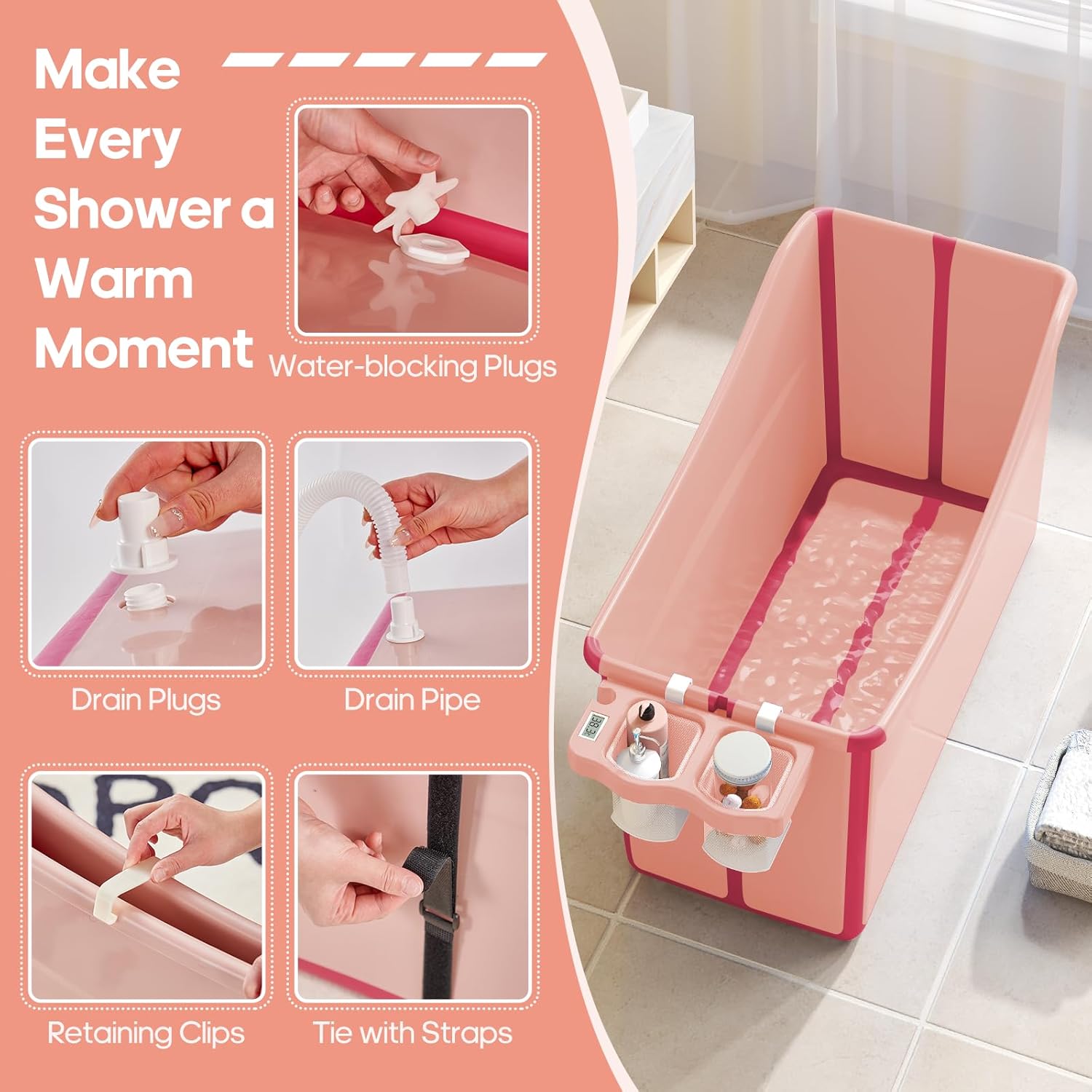 Collapsible Baby Bathtub Foldable Bathtub for Toddler Portable Large Foldable Bath Tub Bathtub for Kids Petite with Thermometer and Storage Basket (Pink)