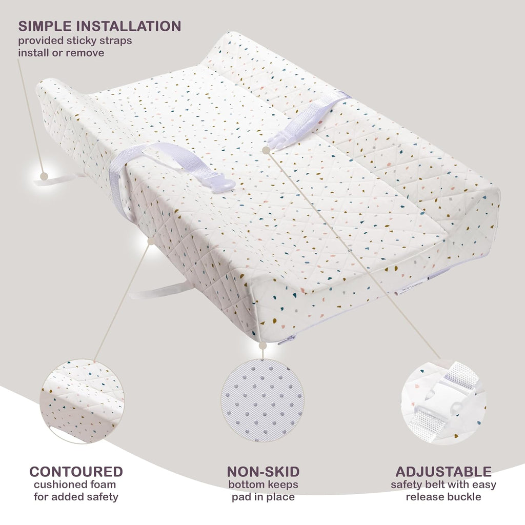 Organic Cotton Contoured Baby Changing Pad w/Waterproof Foam Mattress, Includes Soft, Removable & Washable Cover, Safety Strap, Non-Slip Bottom, Topper for Standard Size Infant Diaper Table & Dresser