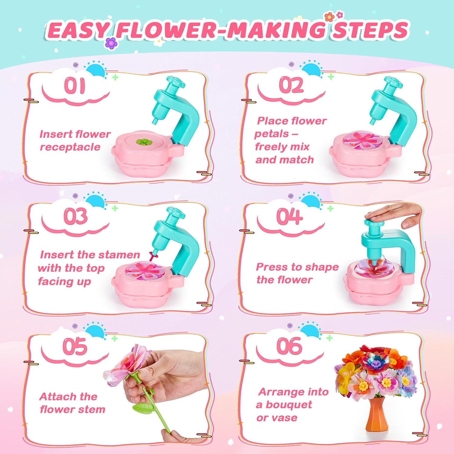 Flower Bouquet Craft Kit for Girls - Arts & Crafts Gift for 4 5 6 7 8 9 Year Old Girls, DIY Flower Making Toy Kit for Kids, Mess-Free Fun & Educational Activities for Preschool Kids, Birthday Gift