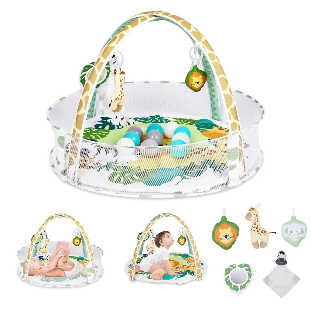 Baby Play Mat, 4-in-1 Baby Play Gym Tummy Time Mat with Ball Pit and 5 Detachable Toys for Newborn to Develop Sensory Exploration and Motor Skill 0-6-12 Months