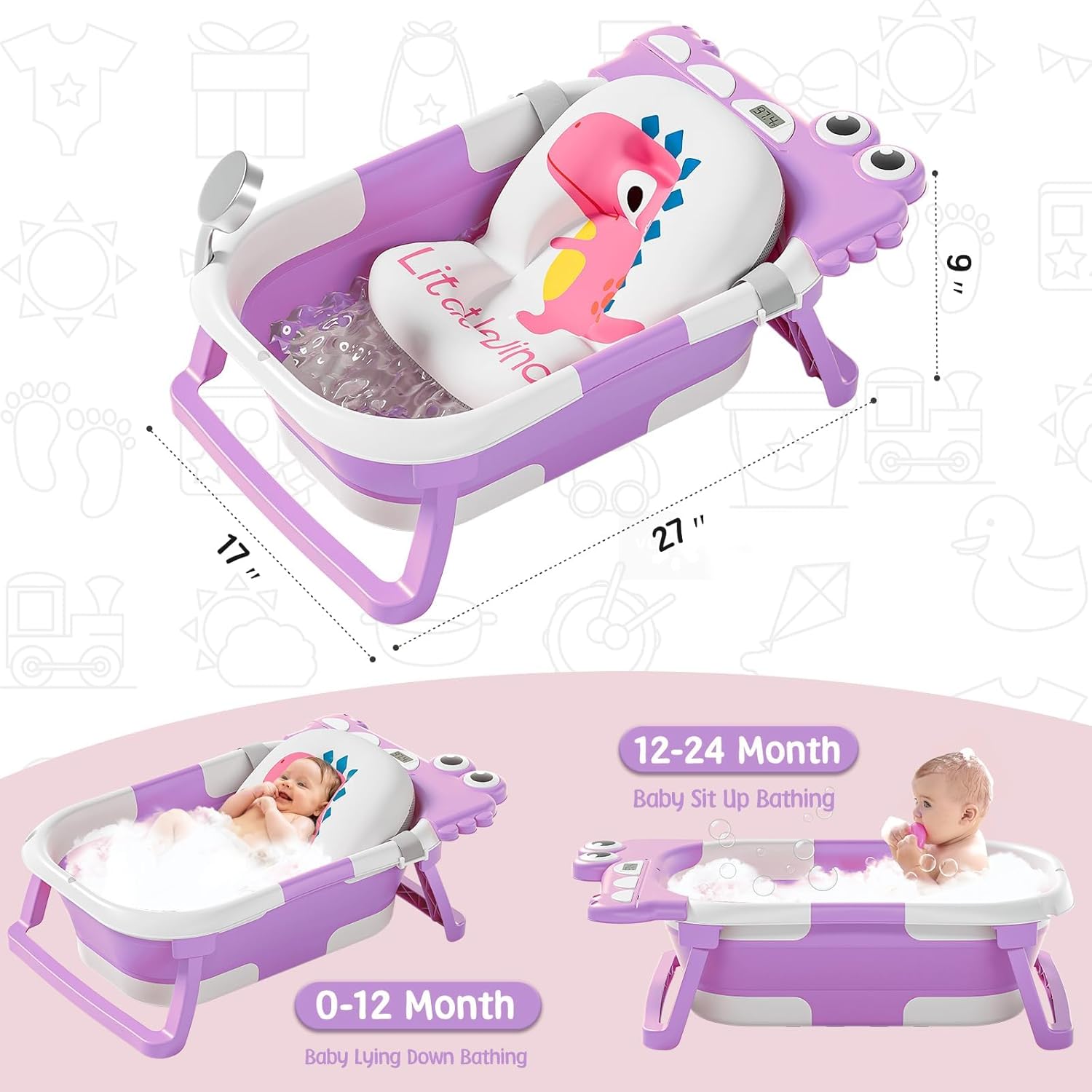 TPN Collapsible Baby Bathtub, Baby Bath Tub with Soft Cushion & Real-Time Thermometer, Baby Bathtub Infant to Toddler Tub (0-36 Months), Portable Newborn Travel Bath tub
